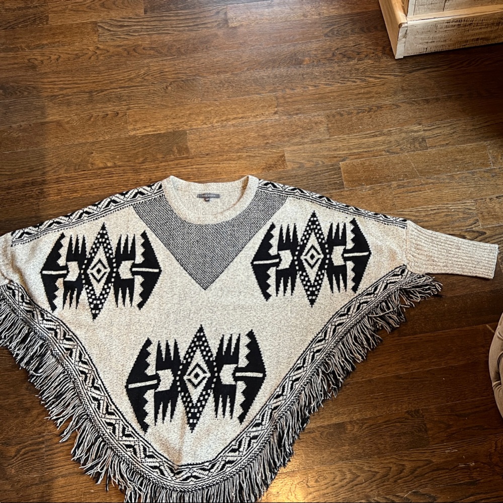 Black and Cream Geometric Poncho Sweater